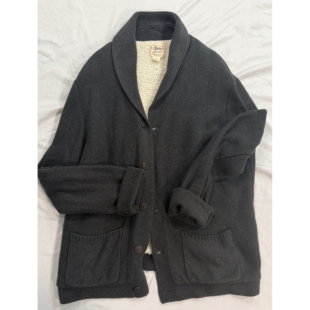Lucky Brand Womens XL Charcoal Gray Sherpa Lined Shawl Collar Cardigan Sweater
